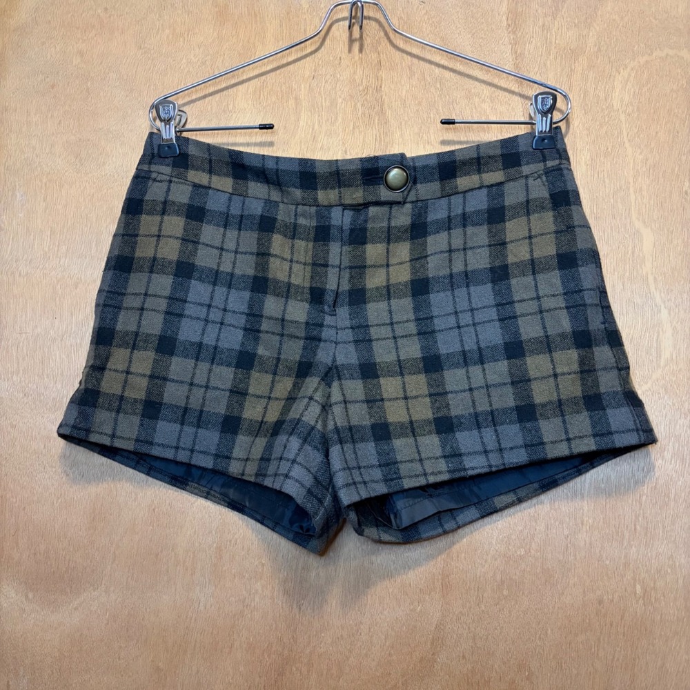 Lands End Canvas Plaid Shorts Women 2 Olive Gray Wool Blend Fall Hotpants Lined